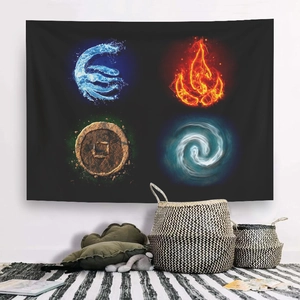 Zodiac elements tapestry with fire earth water and air symbols on a white wall