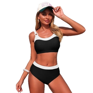 Women's two-piece sporty bikini featuring black and white color block and high waist design