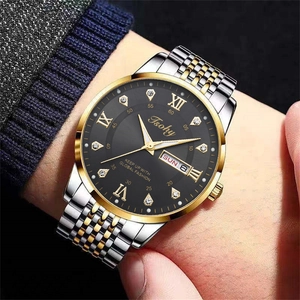 Detailed close-up of a men's business quartz watch with two-tone steel band and black dial