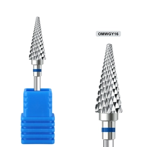 Macro detail of silver nail carbide drill bit OMWGY16 with cross-cut conical design