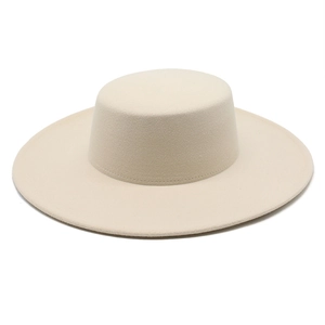 Classic cream wool felt flat top hat with a 10cm wide brim for men and women