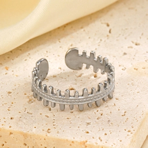 Minimalist silver stainless steel fishbone ring with adjustable open band for women