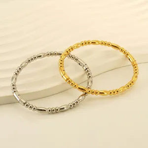 Women Stainless Steel Bangle Bracelet 18K Gold Plated Beaded Bamboo Style Minimalist High Polish Fashion Jewelry