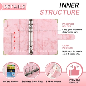 Inner structure of pink marble A6 binder featuring card holders and stainless steel rings