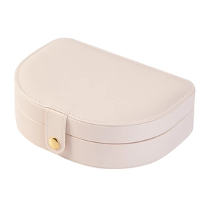 Elegant beige PU leather semi-circular jewelry box with secure golden snap closure