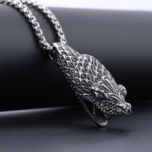 Vintage stainless steel snake head pendant necklace with realistic scale textures and chain