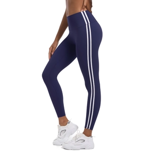 Legging de yoga bleu marine à taille haute avec bandes blanches sur les côtés sport