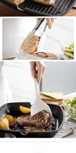 White silicone kitchen utensils with wooden handles used for cooking meat and salads