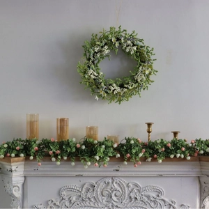 Artificial green leaf wreath with white berries and floral garland for home wall decor