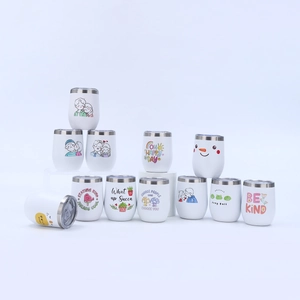 Detail of 12oz insulated egg cups with various cartoon prints and slogans on white coating