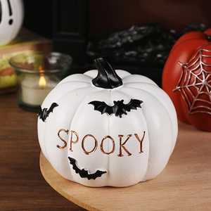 White resin Halloween pumpkin decor with black bats and golden Spooky engraving