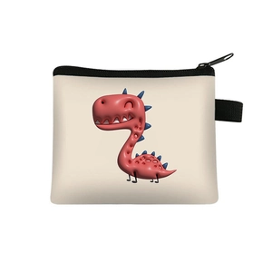 Detail of white coin purse with cartoon red dinosaur print and black zipper closure