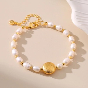 Freshwater Pearl Bracelet For Women 18K Gold Plated Copper Oval Beads Elegant Vintage Adjustable Jewelry