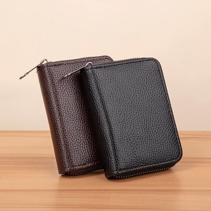 Litchi pattern leather card holder wallets in black and dark brown with U-zipper closure