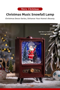 Retro TV snow globe with Santa and trees, featuring warm lights and music for Christmas