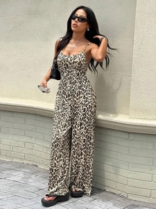 Leopard Print Backless Jumpsuit Sleeveless Spaghetti Strap Wide Leg High Waist Knit Long Pants For Women