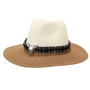 Straw cowboy Panama hat with silver bull head detail and ethnic woven band in dual tones