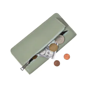 Slim RFID blocking PU leather long wallet for women with zipper pocket in sage green