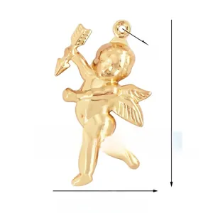 Macro shot of gold Cupid pendant showing 29mm height and detailed wing textures