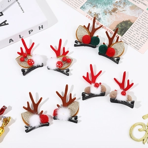 Pinces à Cheveux Fait Main Noël Bois de Renne Peluche Pompon Pinces Bec de Canard pour Femme Enfant Accessoire de Fête