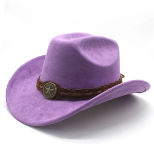 Detail of purple faux suede cowboy hat featuring brown braided band and bronze star buckle
