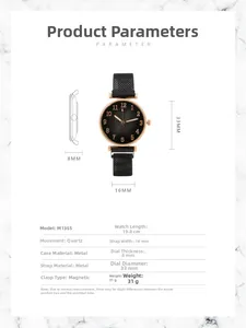 Detail specifications of ladies quartz watch with black sunray dial and magnetic strap