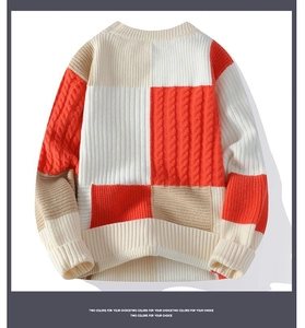 Detailed knit texture and tricolor block pattern on long-sleeved crewneck sweater