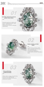 Detail view of S925 sterling silver moss agate earrings with zirconia stones and hallmark
