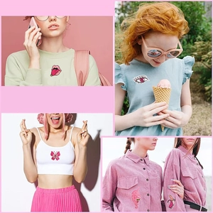 Pink pop style embroidery patches with lips and cat designs on various clothing outfits