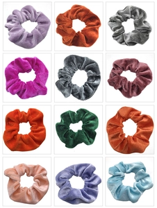 Collage of velvet hair scrunchies in purple, orange, grey, and multiple vibrant colors