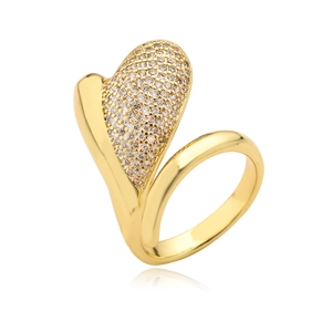 Luxury gold heart ring with pavé zircons in a modern asymmetrical wrap design