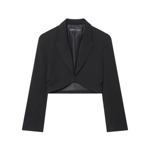 Women Cropped Blazer Notched Lapel Long Sleeve Padded Shoulders Ruched Detail Solid Woven Elegant Office Outerwear