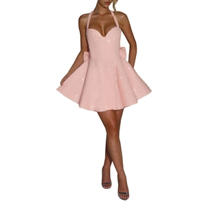 Pink sequin halter neck mini dress with back bow and open back design