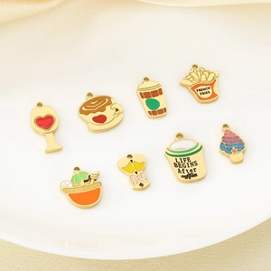 Set of 8 colorful enamel food and drink charms with gold metal finish for DIY jewelry