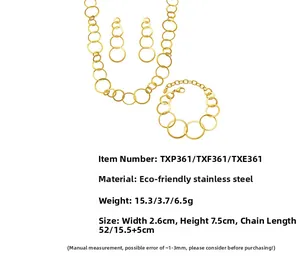 Detailed set of golden stainless steel interlocking circle necklace, bracelet and earrings