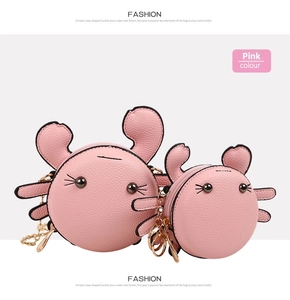 Pink crab cartoon coin purse and chain shoulder bag set made of premium lychee grain PU leather