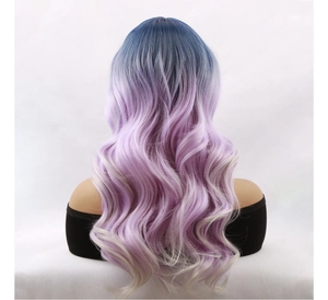Rear view of long wavy wig with blue to purple and ash blonde gradient hair color