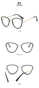 Three-way view of black and gold cat-eye metal glasses frame showing front, side, and back