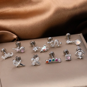 Colorful zircon flower cartilage studs in silver stainless steel with various shapes