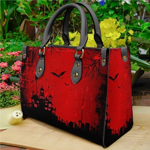 Gothic Skull Pattern PU Leather Handbag Women Large Capacity Rivet Top Handle Bag Halloween Theme Casual Tote