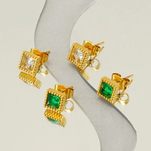 Square zircon stud earrings in gold stainless steel with white and green gemstones
