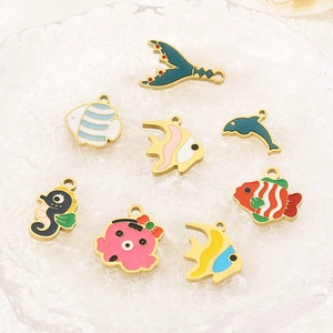Enamel ocean charms set featuring sea creatures in gold stainless steel finish