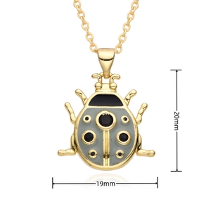 Detail view of ladybug pendant with gray enamel and black dots showing 19x20mm dimensions