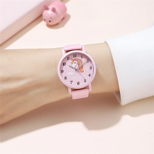 Cute pink unicorn watch with leather strap for girls featuring a colorful dial design