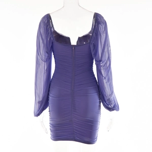 Detail view of purple mesh mini dress featuring a back zipper and sheer lantern sleeves