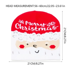 Detail view of knitted Christmas hat showing size specs of 56 to 60cm head measurement