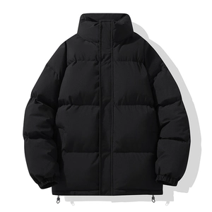 Unisex black puffer jacket featuring windproof stand collar and adjustable hem drawstrings