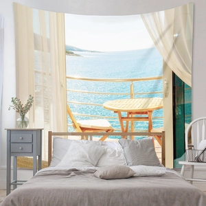 Bohemian tapestry featuring a scenic sea view balcony for wall decor and bedroom backdrop