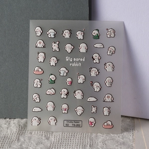 Detailed 5D embossed nail art stickers featuring cute cartoon chubby rabbit patterns