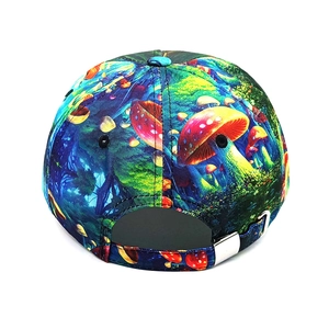 Colorful magic mushroom print baseball cap with adjustable metal back strap